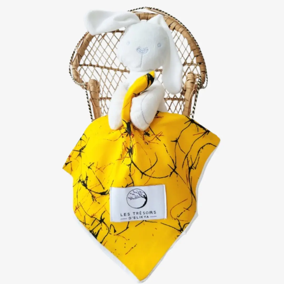 Bunny Wax MAYELI– doudou lapin fait main pour bébé, jouet d’éveil coloré et doux, confection artisanale Les Trésors d’Elikya