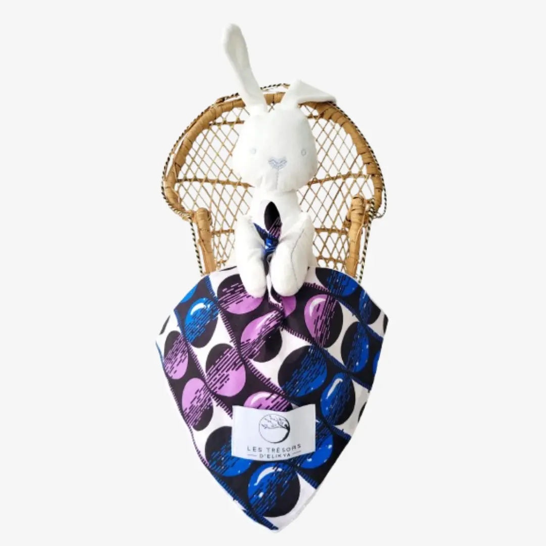 Bunny Wax NEBULYS – doudou lapin fait main pour bébé, jouet d’éveil coloré et doux, confection artisanale Les Trésors d’Elikya