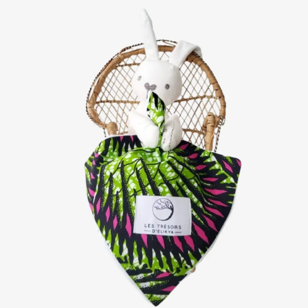 Bunny Wax NEOLYS – doudou lapin fait main pour bébé, jouet d’éveil coloré et doux, confection artisanale Les Trésors d’Elikya