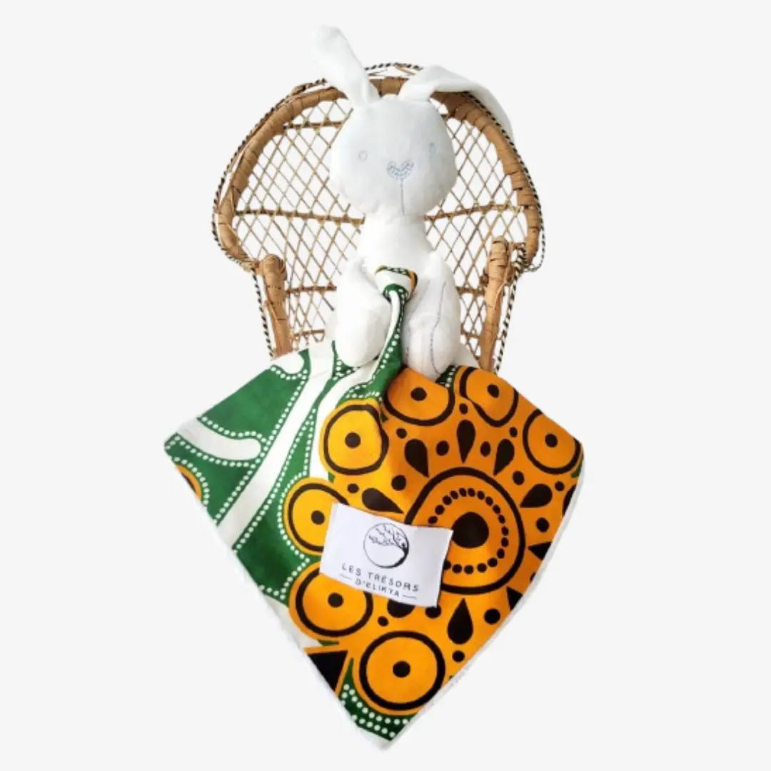 Bunny Wax ZAYANA – doudou lapin fait main pour bébé, jouet d’éveil coloré et doux, confection artisanale Les Trésors d’Elikya